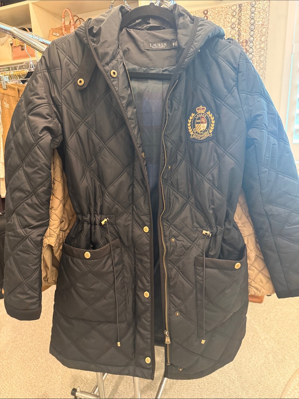 Lauren Ralph Lauren Navy Quilted Hooded Parka with Embroidered Crest